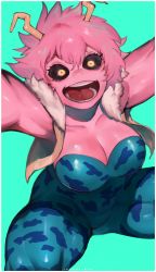 Rule 34 | 1girl, absurdres, arms up, ashido mina, black sclera, boku no hero academia, border, breasts, cleavage, collarbone, colored sclera, colored skin, crazy eyes, fur collar, green background, hair between eyes, highres, ibuo (ibukht1015), looking at viewer, medium breasts, messy hair, muscle, muscular, muscular female, open clothes, open mouth, open vest, outstretched arms, pink hair, pink skin, short hair, simple background, skin tight, smile, solo, spread legs, squatting, strapless, unitard, vest, wide-eyed, yellow eyes