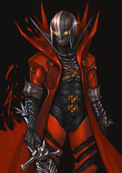 Rule 34 | 1boy, black background, coat, dante (devil may cry), devil may cry (series), devil trigger, glint, glowing, glowing eyes, holding, holding sword, holding weapon, male focus, meme50, orange eyes, red coat, red eyes, scales, sharp teeth, simple background, skull, sleeves rolled up, slit pupils, smile, solo, sword, teeth, torn clothes, weapon, yellow eyes