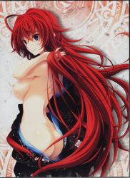 Rule 34 | 10s, 1girl, absurdres, ass, back, blue eyes, breasts, high school dxd, highres, japanese clothes, kimono, large breasts, long hair, miyama-zero, official art, red hair, rias gremory, smile, solo, standing, very long hair, yukata