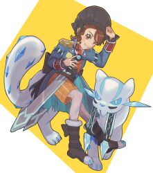 Rule 34 | 1girl, alternate costume, boots, braid, brown eyes, brown hair, chien-pao, coat, commentary request, creatures (company), epaulettes, eyelashes, game freak, grin, hat, highres, juliana (pokemon), necktie, nintendo, open clothes, open coat, orange necktie, orange shorts, pantyhose, pokemon, pokemon (creature), pokemon sv, shirt, shorts, smile, sword, teeth, weapon, yuihan-nyanchu