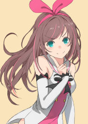 Rule 34 | 1girl, aqua eyes, arm warmers, bow, breasts, closed mouth, hairband, highres, kizuna ai, kizuna ai inc., lace-trimmed sleeves, lace trim, long hair, looking at viewer, multicolored hair, pink bow, pink hair, pink hairband, pink ribbon, ribbon, sailor collar, shirt, simple background, sleeveless, sleeveless shirt, smile, solo, streaked hair, swept bangs, two-tone hair, upper body, virtual youtuber, white sailor collar, yukihiko (tyabobo)