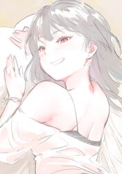 Rule 34 | 1girl, back, bare shoulders, bed sheet, black hair, blush, bracelet, commentary request, ear piercing, grin, jewelry, long hair, looking at viewer, original, piercing, red eyes, shirt, simple background, sketch, smile, solo, tomamatto, upper body, white shirt