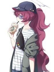 Rule 34 | 1girl, alternate costume, alternate hairstyle, baseball cap, black pants, blue archive, casual, collarbone, commentary, commentary request, contemporary, cowboy shot, cup, disposable coffee cup, disposable cup, drinking straw, drinking straw in mouth, english commentary, fanny pack, fluffy hair, gehenna academy logo, grey eyes, grey jacket, hair between eyes, halo, hat, hat pin, highres, holding, holding cup, hood, hooded jacket, iroha (blue archive), jacket, long hair, long sleeves, looking at viewer, looking to the side, open clothes, open jacket, pants, ponytail, profile, red hair, shirt, sidelocks, simple background, solo, striped clothes, striped shirt, sunglasses, t-shirt, translation request, white background, yukimi unagi