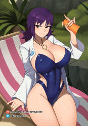 Rule 34 | 1girl, alternate breast size, barleyshake, beach chair, breasts, brown eyes, cleavage, closed mouth, collarbone, covered erect nipples, cowboy shot, creatures (company), curvy, game freak, grass, highleg, highleg swimsuit, highres, jewelry, lab coat, large breasts, long sleeves, looking at viewer, necklace, nintendo, one-piece swimsuit, outdoors, philena ivy, pokemon, pokemon (anime), pokemon (classic anime), purple hair, shiny clothes, shiny skin, short hair, sitting, skin tight, smile, solo, swimsuit, twitter logo, wide hips