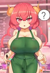 Rule 34 | 1girl, ?, absurdres, apron, bare shoulders, barista, blurry, blurry background, breasts, cafe, cleavage, coffee cup, collarbone, commentary, cup, curvy, disposable cup, dragon girl, dragon horns, english commentary, fang, female focus, fingernails, green apron, highres, holding, holding cup, holding marker, horns, huge breasts, iced latte with breast milk (meme), ilulu (maidragon), kobayashi-san chi no maidragon, looking at viewer, marker, matching hair/eyes, meme, moursho, naked apron, open mouth, patreon username, pink eyes, pink hair, shortstack, skin fang, skindentation, slit pupils, solo, speech bubble, squinting, starbucks, thick thighs, thighhighs, thighs, twintails, watermark
