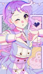 Rule 34 | 1girl, :o, asymmetrical bangs, back bow, blue bow, blue jacket, blue skirt, blush, bow, buttons, cake, checkered clothes, commentary request, confetti, flat chest, food, future signature (idolmaster), hair bow, hair ornament, hairclip, hands up, heart, heart hands, highres, idolmaster, idolmaster million live!, idolmaster million live! theater days, jacket, looking at viewer, makabe mizuki, makamakaimas, multicolored background, one eye closed, purple hair, short sleeves, skirt, solo, wing collar, wrist cuffs, yellow eyes