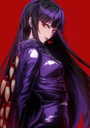 Rule 34 | 1girl, black hair, cape, commentary request, highres, jacket, limbus company, long hair, looking at viewer, pants, paulandcookie, project moon, purple cape, purple jacket, purple pants, red background, red eyes, ryoshu (project moon), sidelocks, signature, simple background, smoking, solo, straight hair, too many eyes, track jacket, very long hair