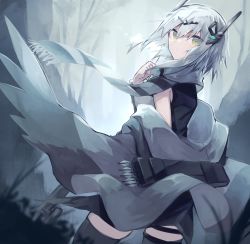 Rule 34 | 1girl, arknights, bare shoulders, black thighhighs, bow (weapon), commentary request, cowboy shot, crossbow, from side, green eyes, grey hair, greythroat (arknights), hair between eyes, hair ornament, looking at viewer, looking to the side, outdoors, sasa onigiri, scarf, short hair, solo, thighhighs, weapon