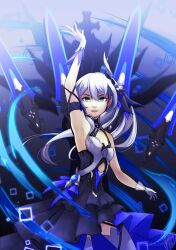 Rule 34 | 1girl, arm up, armpits, aysika art, bare shoulders, blue dress, blue eyes, commentary, cross (weapon), dress, english commentary, gloves, hair ornament, highres, honkai (series), honkai impact 3rd, long hair, looking at viewer, parted lips, side ponytail, sleeveless, sleeveless dress, solo, sword, teeth, theresa apocalypse, theresa apocalypse (twilight paladin), thighhighs, very long hair, weapon, white gloves, white hair, white thighhighs
