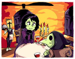 Rule 34 | 1girl, 2boys, alcohol, black hair, candelabra, candle, candlestand, cape, colored skin, couple, cup, dating, dinner, drinking glass, eyeshadow, gloves, green skin, grey eyes, head rest, helmet, hood, makeup, mask, mona (shovel knight), multiple boys, nervous, plague doctor, plague knight, propeller knight, setz, short hair, shovel knight, smile, sunset, table, towel, tray, vest, waiter, wine, wine glass