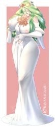 Rule 34 | 1girl, breasts, clothes, female focus, fire emblem, green eyes, green hair, highres, inverted nipples, large breasts, long hair, looking at viewer, matching hair/eyes, nintendo, nipples, pchaos720 (bananagaari), rhea (fire emblem), robe, smile, solo, twitter username, white robe