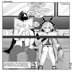 Rule 34 | 1boy, 1girl, animal ears, arknights, bee (user cwsv3353), blunt bangs, bread, commentary, doctor (arknights), food, glass, hair ornament, highres, hood, hooded jacket, jacket, long hair, looking at viewer, reading, sitting, table, tail, thick eyebrows, touching tail, twitter username, weedy (arknights), window