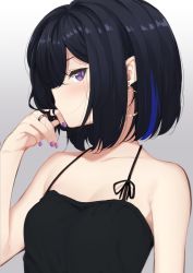 Rule 34 | 1girl, bare shoulders, black hair, black ribbon, blush, breasts, camisole, cleavage, collarbone, commentary request, earrings, finger to mouth, gradient background, grey background, highres, hoop earrings, ichinose uruha, jewelry, looking at viewer, lupinus virtual games, medium breasts, nail polish, nigo (aozoragarou), profile, purple eyes, purple nails, ribbon, ring, short hair, sleeveless, solo, upper body, virtual youtuber, vspo!