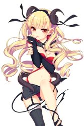 Rule 34 | 1girl, bare shoulders, black gloves, black ribbon, blonde hair, breasts, cleavage, demon girl, demon horns, demon tail, fingerless gloves, garter straps, gloves, hair ribbon, highres, horns, long hair, looking at viewer, lucid (soccer spirits), medium breasts, official art, pointy ears, red eyes, ribbon, shirahane nao, sitting, skirt, soccer spirits, stomach, tail, thighhighs, transparent background, underwear
