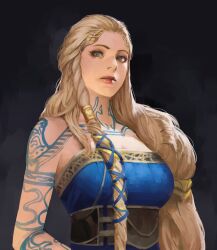 Rule 34 | 1girl, asymmetrical hair, bare shoulders, black background, blonde hair, body markings, braid, breasts, cleavage, closed mouth, collarbone, god of war, god of war ragnarok, green eyes, large breasts, lips, long hair, looking at viewer, medium breasts, phamoz, sif (god of war), simple background, solo