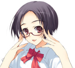 Rule 34 | 1girl, :d, black hair, bow, bowtie, glasses, looking at viewer, lowres, open mouth, original, red eyes, semi-rimless eyewear, shirt, short hair, short sleeves, simple background, smile, solo, tomose shunsaku, under-rim eyewear, white background, white shirt