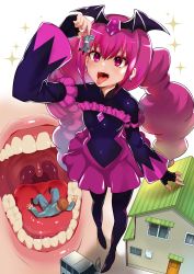Rule 34 | 1boy, 1girl, absurdres, arm up, bad end happy, black gloves, bodysuit, card, commission, diamond (shape), earrings, fingerless gloves, giant, giantess, gloves, highres, house, jewelry, long hair, long sleeves, open mouth, pink eyes, pink hair, precure, pukara, skeb commission, smile precure!, sparkle, standing, teeth, tongue, tongue out, twintails, uvula, very long hair, vore