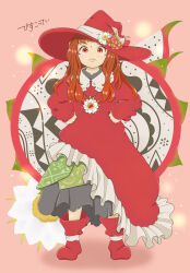 Rule 34 | 1girl, bisco teitei, boots, brown hair, dragon fruit, dress, flower, frilled dress, frills, hands on own hips, hat, highres, long hair, looking at viewer, original, personification, red dress, red eyes, red footwear, red hat, shadow, solo, white flower, witch, witch hat