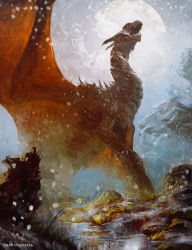Rule 34 | anato finnstark, artist name, dragon, highres, monster, no humans, original, outdoors, river, snowing, spread wings