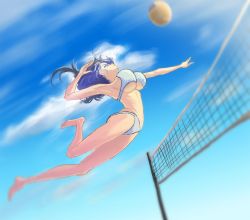 Rule 34 | 1girl, ball, barefoot, beach volleyball, bikini, blue eyes, blue hair, breasts, closed mouth, cloud, feet, hololive, hololive english, large breasts, ouro kronii, outdoors, sky, swimsuit, toes, varsien, virtual youtuber, volleyball, volleyball (object), volleyball net