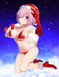Rule 34 | 1girl, above clouds, airborne, alternate costume, arm up, bad id, bad pixiv id, bikini, blush, boots, breasts, christmas, closed mouth, cloud, collarbone, covered erect nipples, elbow gloves, fate/grand order, fate (series), foreshortening, fur-trimmed gloves, fur trim, gloves, hair over one eye, hand up, hat, high heels, highres, holding, holding sack, large breasts, light purple hair, looking at viewer, mash kyrielight, navel, purple eyes, red bikini, red footwear, red gloves, sack, santa bikini, santa boots, santa hat, short hair, skindentation, sky, smile, solo, star (sky), starry sky, strap gap, string bikini, swimsuit, thighs, underboob, wide hips, yoshinobori