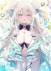 Rule 34 | 1girl, :o, ame usari, animal, bikini, black bow, blue eyes, blue jacket, blue ribbon, blush, bow, braid, breasts, bug, butterfly, cleavage, commentary request, double bun, grey hair, hair between eyes, hair bun, hair ornament, hair ribbon, heart, heart-shaped pupils, highres, insect, jacket, leaning forward, long hair, long sleeves, looking at viewer, medium breasts, off shoulder, open clothes, open jacket, original, parted lips, ribbon, solo, swimsuit, symbol-shaped pupils, very long hair, water, wet, white bikini