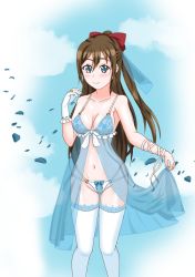 Rule 34 | 1girl, absurdres, aqua eyes, arm ribbon, artist name, artist request, babydoll, bare shoulders, blue bow, blue eyes, blue panties, blush, bow, breasts, brown hair, collarbone, female focus, fingering, gloves, hair between eyes, hair bow, half updo, high ponytail, highres, holding, holding clothes, lace, lace-trimmed legwear, lace trim, long hair, looking at viewer, love live!, love live! nijigasaki high school idol club, multi-strapped panties, nightgown, osaka shizuku, panties, parted lips, ponytail, red bow, ribbon, single glove, small breasts, smile, solo, string panties, underwear, underwear only, white bow, white gloves, white legwear, white ribbon