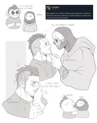Rule 34 | 2boys, arm tattoo, artist name, bara, blush, call of duty, call of duty: modern warfare 2, closed eyes, couple, dilfborne (ventiskull), english text, facial hair, ghost (modern warfare 2), hand on another&#039;s face, highres, hood, hood up, hoodie, looking at another, male focus, mask, multiple boys, multiple views, muscular, muscular male, shirt, short hair, skull mask, soap (modern warfare 2), tattoo, yaoi