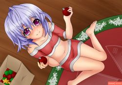 Rule 34 | 1girl, arms up, blue hair, blush, choujigen game neptune, christmas, christmas decoration, coldtrojan, feet, female focus, highres, long hair, looking at viewer, midriff, navel, neptune (series), purple eyes, pururut, solo, stomach, thighs