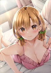 Rule 34 | 1girl, babydoll, bare legs, barefoot, bed, blush, breasts, brown eyes, brown hair, camisole, cleavage, closed mouth, commentary, day, hair between eyes, indoors, light rays, lips, looking at viewer, lying, medium breasts, natsume eri, on stomach, original, pink camisole, short hair, short twintails, sleepwear, sleeveless, solo, strap pull, sunlight, tareme, twintails, window