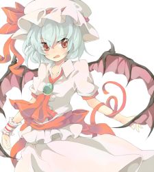Rule 34 | 1girl, ascot, bad id, bad pixiv id, bat wings, blue eyes, female focus, hat, kan (tyonn), red eyes, remilia scarlet, short hair, short sleeves, simple background, solo, touhou, white background, wings, wrist cuffs
