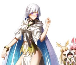 Rule 34 | 4girls, :s, alternate costume, black hair, blonde hair, blush, bracelet, brynhildr (fate), capelet, cloak, covering own mouth, cowboy shot, cross akiha, fate/grand order, fate (series), hair between eyes, head wings, hildr (fate), hood, hood down, hood up, hooded cloak, jewelry, long hair, multiple girls, open mouth, ortlinde (fate), pelvic curtain, pink hair, purple eyes, red eyes, short hair, silver hair, solo focus, standing, thrud (fate), valkyrie (fate), very long hair, wavy mouth, white background, wings