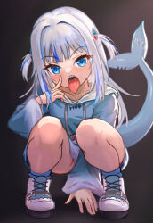 Rule 34 | 1girl, akanbe, bare legs, black background, blue eyes, blue footwear, blue hair, blue hoodie, blush, cross-laced footwear, eyelid pull, fins, fish tail, freeze-ex, full body, gawr gura, hair intakes, hair ornament, highres, hololive, hololive english, hood, hoodie, long sleeves, looking at viewer, medium hair, multicolored hair, open mouth, panties, panty peek, saliva, shark hair ornament, shark tail, sharp teeth, shoes, sneakers, solo, squatting, streaked hair, tail, teeth, thighs, tongue, tongue out, two side up, underwear, upper teeth only, uvula, virtual youtuber, white hair