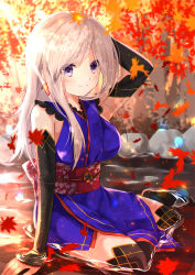 Rule 34 | 1girl, alternate hairstyle, autumn, autumn leaves, blue eyes, blush, breasts, detached sleeves, earrings, fate/grand order, fate (series), forest, hand in own hair, highres, in water, iroha (shiki), japanese clothes, jewelry, kimono, large breasts, leaf, looking at viewer, miyamoto musashi (fate), miyamoto musashi (first ascension) (fate), nature, pink hair, sash, sitting, smile, solo, thighhighs, water