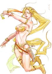 Rule 34 | 1990s (style), 1girl, armpits, barbariccia, bikini, blonde hair, boots, breasts, dagger, final fantasy, final fantasy iv, jewelry, knife, long hair, lots of jewelry, retro artstyle, simple background, solo, swimsuit, thighhighs, weapon, yellow bikini, yellow eyes