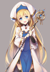 Rule 34 | 1girl, black shirt, black skirt, blonde hair, blouse, blue eyes, boots, breasts, brooch, collared dress, cowboy shot, dress, frills, goblin slayer!, gradient background, grey background, hat, highres, holding, holding staff, jewelry, long hair, long sleeves, open mouth, pelvic curtain, priestess (goblin slayer!), shirt, skirt, small breasts, smile, solo, staff, standing, tahya, thigh boots, thighhighs, white dress, white hat