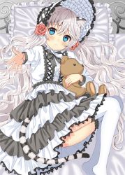 Rule 34 | 1girl, animal ears, bed, bed sheet, blue eyes, blue hat, blue thighhighs, blush, commentary request, flower, hair between eyes, hair flower, hair ornament, hat, lace, lace-trimmed skirt, lace trim, layered skirt, lolita fashion, long hair, long sleeves, looking at viewer, lying, multicolored clothes, multicolored skirt, on bed, on side, original, outstretched arm, parted lips, pillow, red flower, red rose, rose, shirt, silver hair, skirt, solo, stuffed animal, stuffed toy, tail, teddy bear, thighhighs, tiger ears, tiger girl, tiger tail, toujou mina, very long hair, wavy hair, white shirt