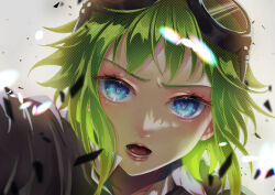 Rule 34 | 1girl, blue eyes, blush, chromatic aberration, close-up, collared shirt, goggles, goggles on head, green hair, gumi, highres, lips, looking at viewer, mosaic roll (vocaloid), open mouth, popped collar, s0ul20, shirt, short hair, solo, v-shaped eyebrows, vocaloid