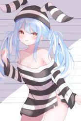 Rule 34 | 1girl, absurdres, animal ears, arm at side, bare shoulders, blue hair, blush, breasts, collarbone, commentary request, cowboy shot, crying, crying with eyes open, hand up, hat, highres, hololive, long hair, long shirt, long sleeves, looking at viewer, multicolored hair, off-shoulder shirt, off shoulder, open mouth, orange eyes, prison clothes, rabbit-shaped pupils, rabbit ears, shirt, short eyebrows, sidelocks, small breasts, solo, standing, streaked hair, striped clothes, striped headwear, striped shirt, symbol-shaped pupils, tears, teeth, thick eyebrows, torn clothes, torn shirt, twintails, two-tone hair, upper teeth only, usada pekora, usada pekora (prisoner), virtual youtuber, white hair, yunominomi