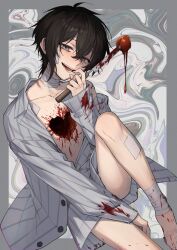 Rule 34 | 1boy, absurdres, ahoge, asymmetrical hair, bags under eyes, bandaged neck, bandages, black hair, blood, blood on body, blood on clothes, blood on face, blood on hands, blue eyes, buttons, collared shirt, guro, hair between eyes, heart (organ), highres, holding organ, male focus, open mouth, shirt, solo, white shirt