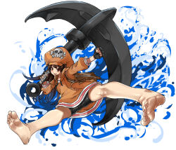 Rule 34 | 1girl, anchor, backpack, bag, bare legs, barefoot, bike shorts, black gloves, brown eyes, brown hair, cabbie hat, eiji (eiji), feet, fingerless gloves, foot focus, foreshortening, gloves, guilty gear, guilty gear strive, hat, highres, holding, holding weapon, may (guilty gear), orange hat, pirate, short shorts, shorts, simple background, skull and crossbones, solo, toes, weapon, white background