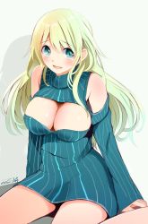 Rule 34 | 10s, 1girl, 2014, aqua eyes, atago (kancolle), bare shoulders, blonde hair, blue eyes, blush, breasts, cleavage cutout, clothing cutout, dated, detached sleeves, kantai collection, large breasts, long hair, long sleeves, looking away, meme attire, open-chest sweater, open mouth, ribbed sweater, sitting, solo, sweater, tebi (tbd11), turtleneck, wariza