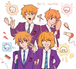 Rule 34 | 1boy, armband, blazer, blonde hair, blue necktie, blunt bangs, blush, borrowed hairstyle, closed eyes, closed mouth, collared shirt, comb, commentary, english commentary, english text, grin, hair dryer, hanazawa teruki, hand mirror, hand on own face, highres, holding, holding mirror, index finger raised, jacket, kaogens, long sleeves, looking at another, looking at mirror, male focus, mirror, mob psycho 100, multiple views, necktie, open mouth, purple jacket, red armband, school uniform, scissors, shirt, short hair, simple background, smile, spoken character, striped necktie, upper body, v, white background, white shirt