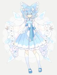 Rule 34 | 1girl, adapted costume, blue bow, blue dress, blue eyes, blue footwear, blue hair, bow, cirno, commentary, detached wings, doily, dress, flower, full body, grey background, hair between eyes, hair bow, hair flower, hair ornament, hairclip, highres, ice, ice wings, kneehighs, medium hair, nikorashi-ka, pleated dress, shirt, shoes, socks, solo, symbol-only commentary, touhou, white shirt, white socks, wide sleeves, wings
