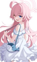 Rule 34 | 1girl, ahoge, bag, blue archive, blue eyes, blush, dress, fang, frilled dress, frills, hair between eyes, halo, heterochromia, highres, hoshino (blue archive), long hair, looking at viewer, official alternate costume, open mouth, pink hair, pink halo, shijima (shijima tc), short sleeves, simple background, skin fang, smile, solo, white background, white dress, yellow eyes