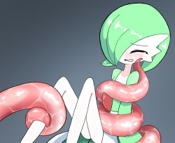 Rule 34 | 1girl, ^ ^, arms at sides, blush, bob cut, closed eyes, colored skin, constriction, creatures (company), female focus, flat chest, game freak, gardevoir, gen 3 pokemon, gradient background, green hair, green skin, grey background, hair over one eye, highres, knees up, multicolored skin, nintendo, nose blush, one eye covered, open mouth, pokemon, pokemon (creature), restrained, rxq, short hair, sideways mouth, simple background, sitting, solo, sweat, tears, tentacles, two-tone skin, white skin