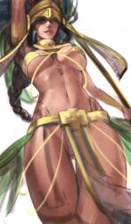 arm_up aztec bra braid breasts civilization_(series) civilization_online dark-skinned_female dark_skin gluteal_fold large_breasts long_hair metal_bikini miahuaxihuitl_(civilization_online) myurumyuru navel tattoo tribal tribal_tattoo underwear white_background