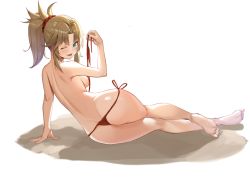 Rule 34 | 1girl, ;d, arm support, ass, back, bad id, bad pixiv id, barefoot, bikini, blonde hair, blush, braid, breasts, commentary, fate/apocrypha, fate (series), feet, from behind, full body, green eyes, hair ornament, holding, holding clothes, holding swimsuit, long hair, looking at viewer, looking back, lowleg, lowleg bikini, medium breasts, merchant91, mordred (fate), mordred (fate/apocrypha), one eye closed, open mouth, ponytail, red bikini, scrunchie, shadow, shoulder blades, side-tie bikini bottom, sideboob, smile, soles, solo, swimsuit, toes, topless, white background