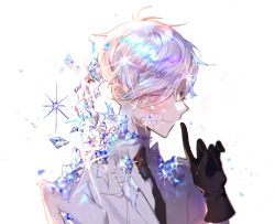 Rule 34 | 1other, androgynous, antarcticite, black gloves, black necktie, close-up, closed mouth, collar, collared shirt, damaged, eyes visible through hair, finger to mouth, from side, gem, gem uniform (houseki no kuni), gloves, hair between eyes, hair over one eye, houseki no kuni, looking down, necktie, neckwear request, other focus, pale skin, rebita, shirt, short hair, short sleeves, shushing, smile, solo, sparkle, torn clothes, torn necktie, torn neckwear, white eyes, white hair, white shirt