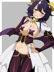 Rule 34 | 1girl, absurdres, black hair, black nails, black pants, black pasties, blush, breasts, closed mouth, demon girl, demon wings, finger to mouth, grey background, hand on own hip, highres, hiiragi utena, large breasts, looking at viewer, magical girl, mahou shoujo ni akogarete, navel, otozato yomi, pants, pasties, short hair, simple background, smile, solo, star-shaped pupils, star (symbol), star pasties, symbol-shaped pupils, tongue, wings, yellow eyes